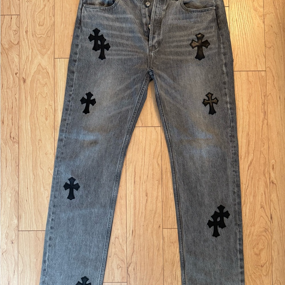 Chrome Hearts Gray Custom Jeans with Black Cross Details